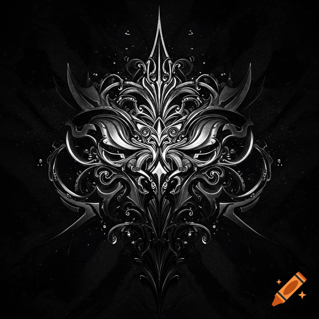 A black and white intricate gothic pattern in a cybersigilism style, resembling an ornate crest or emblem.