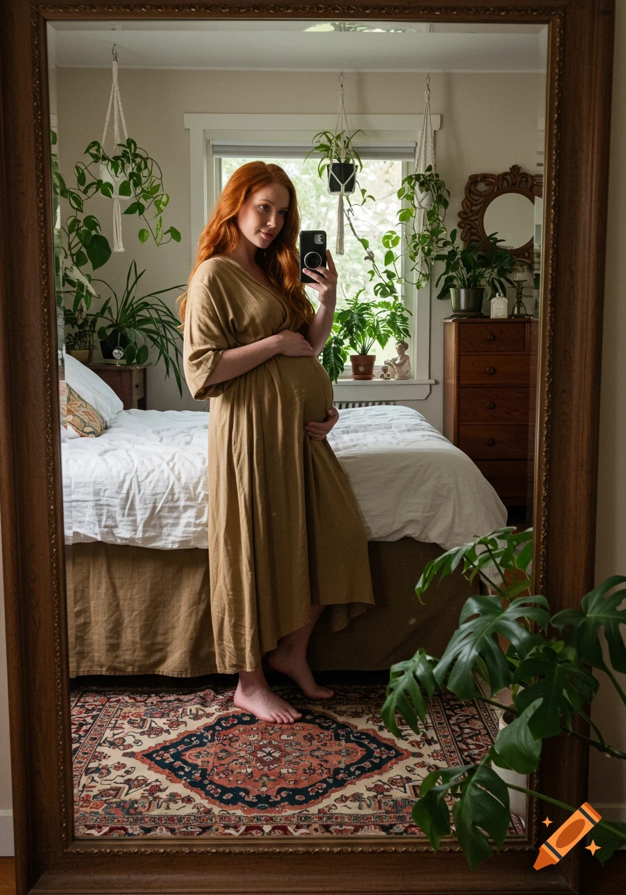 A pregnant woman with red hair takes a mirror selfie in a bohemian bedroom filled with plants.