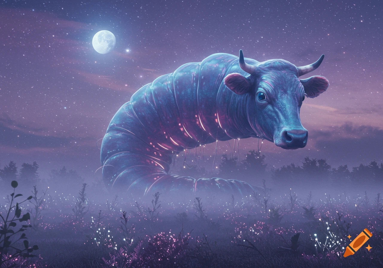 A giant cow-headed worm creature floats above a misty field, glowing under a full moon and starry purple sky.