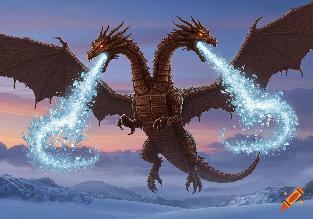 A majestic two-headed chocolate dragon breathes icy blasts over a snowy mountain landscape at sunset.