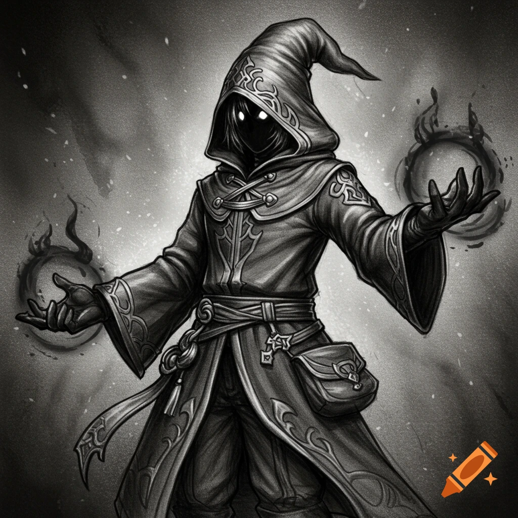 A charcoal sketch of a black mage in a hooded robe, casting dark magic with glowing eyes.
