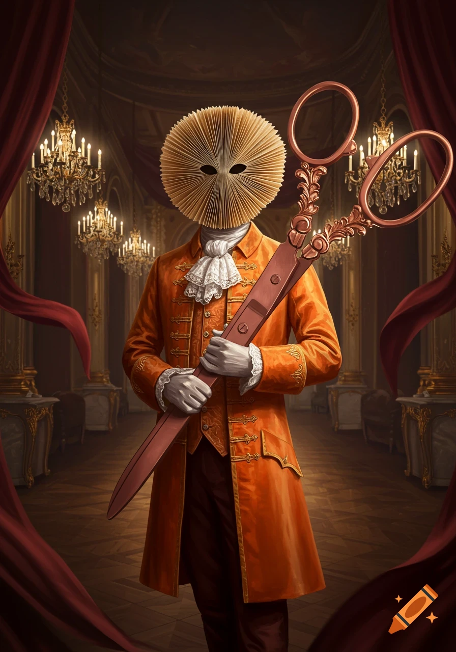 An aristocratic figure in an orange tailcoat with a head made of fanned book pages and eye holes, holding large rose gold scissors in a grand, chandelier-lit hall.