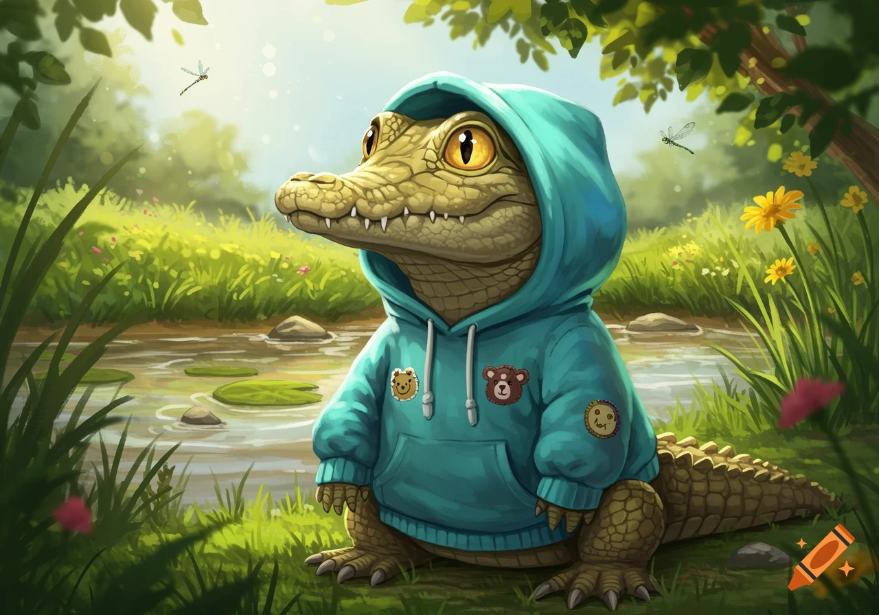 A cute cartoon baby crocodile in a teal hoodie sits by a pond in a sunny, green forest.