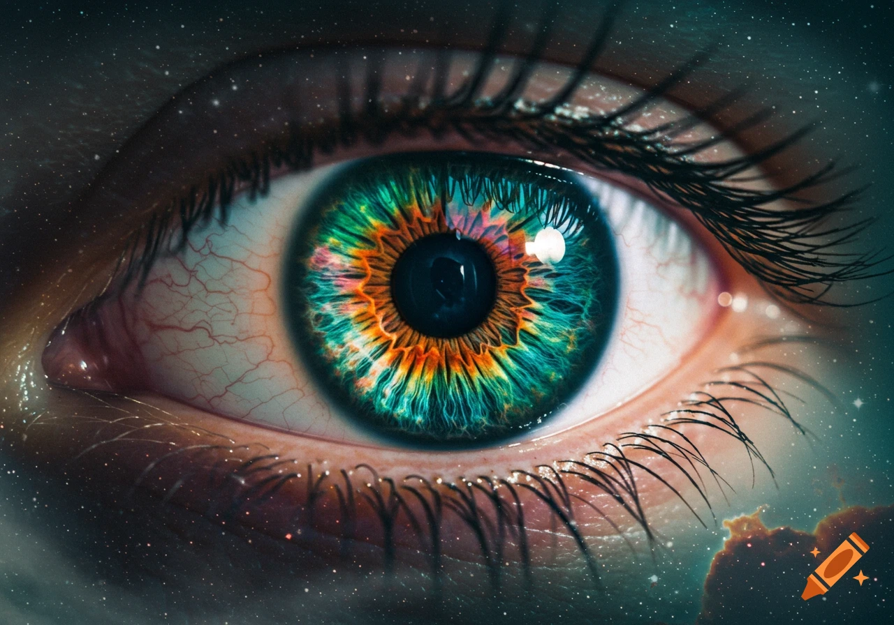 A close-up, photorealistic view of a human eye with a vibrant, multicolored iris resembling a nebula, set against a starry cosmic background.