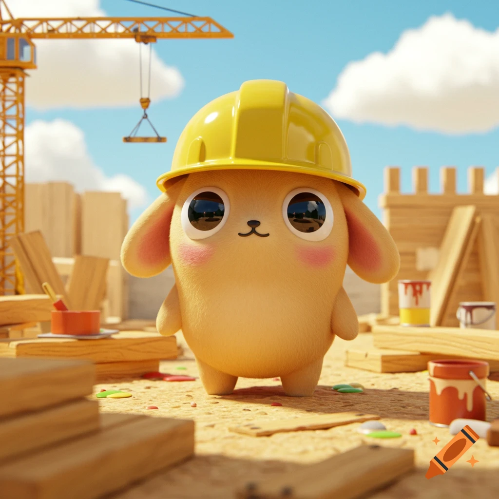 A cute, fluffy beige creature with large eyes wears a yellow construction hard hat in a sunny 3D rendered construction site.