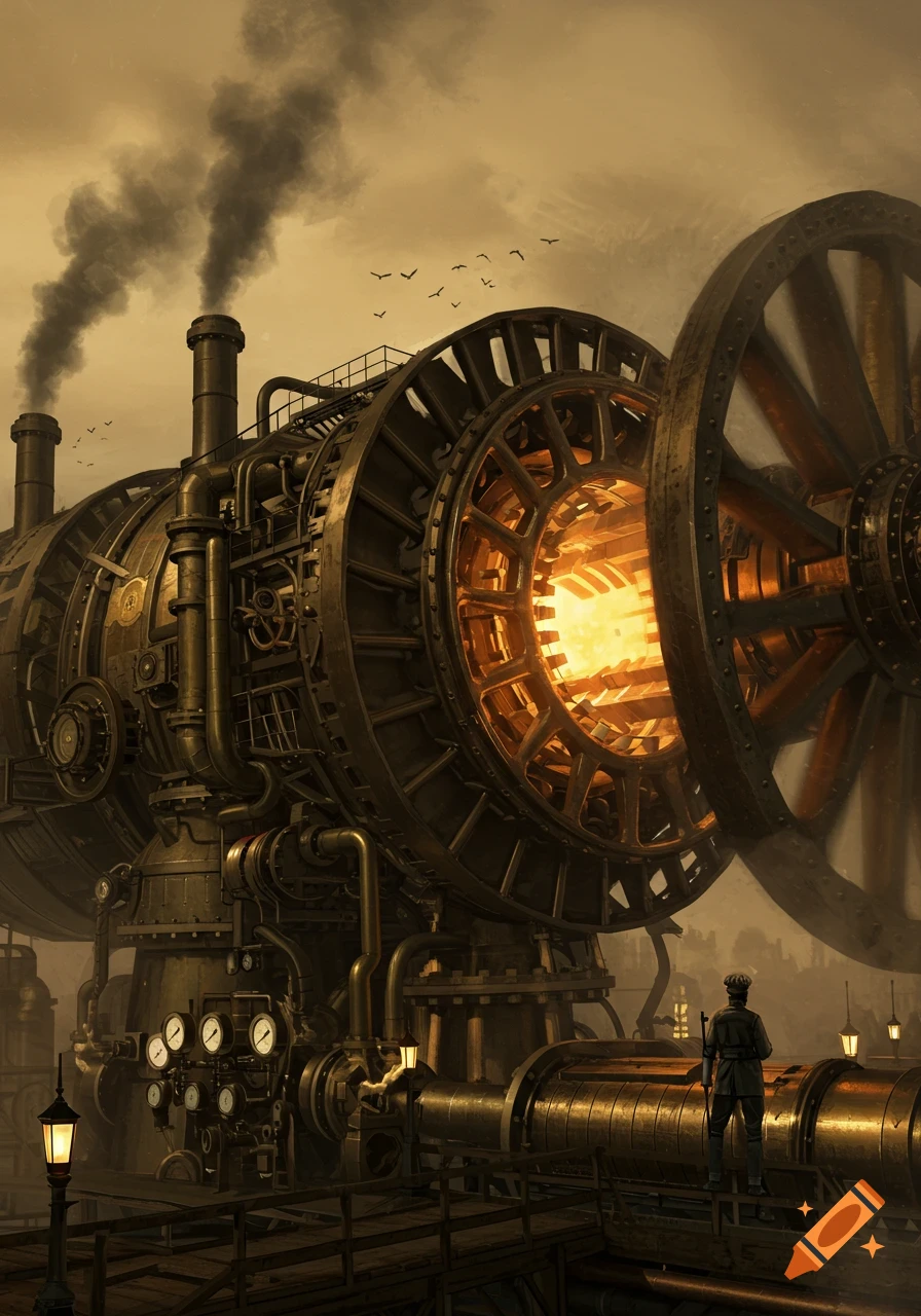 A detailed steampunk gas turbine machine emitting smoke and glowing with heat, with a lone figure standing nearby.