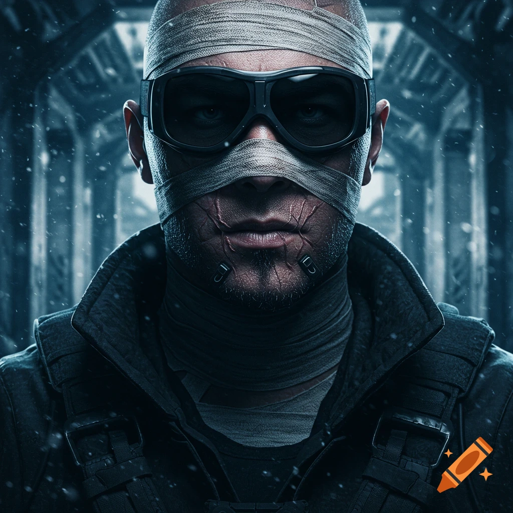 Close-up portrait of a man with bandages over his head and face, black goggles, and scarred mouth, in a dark, snowy corridor.
