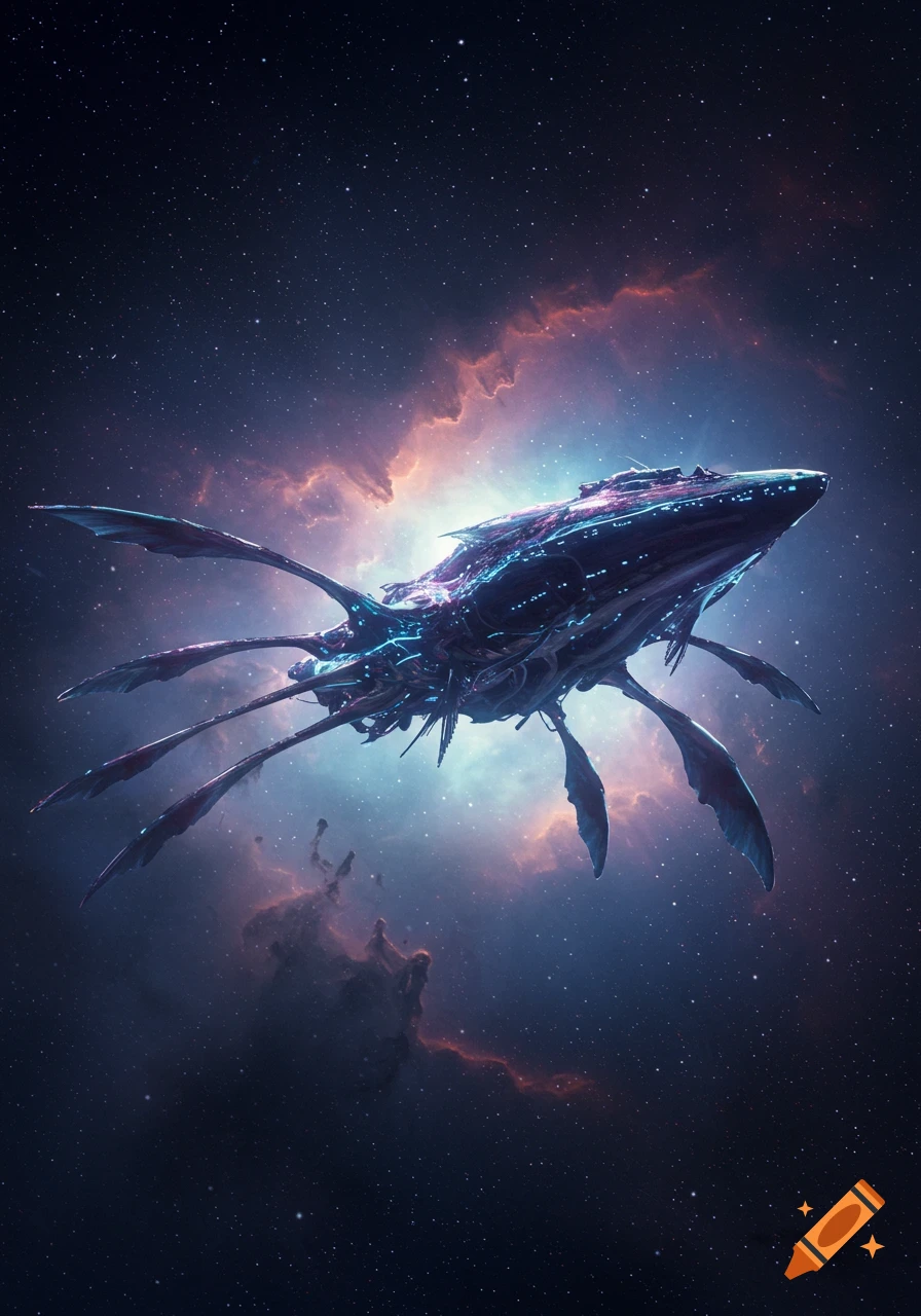 A sleek, indigo and violet biomechanical starship with long tendrils floats in deep space among stars and a colorful nebula.