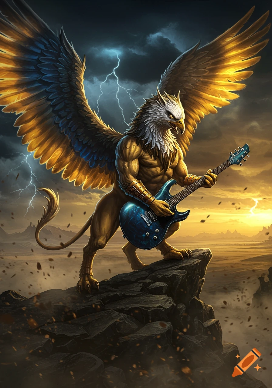 An epic griffin with golden wings stands on a rocky outcrop, playing a blue electric guitar under a stormy sky with lightning and a glowing sunset.