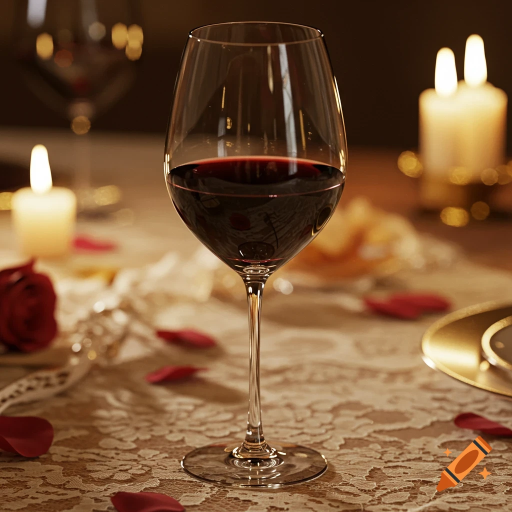 A photorealistic close-up of a wine glass filled with red wine on a lace tablecloth, surrounded by scattered rose petals and lit candles.