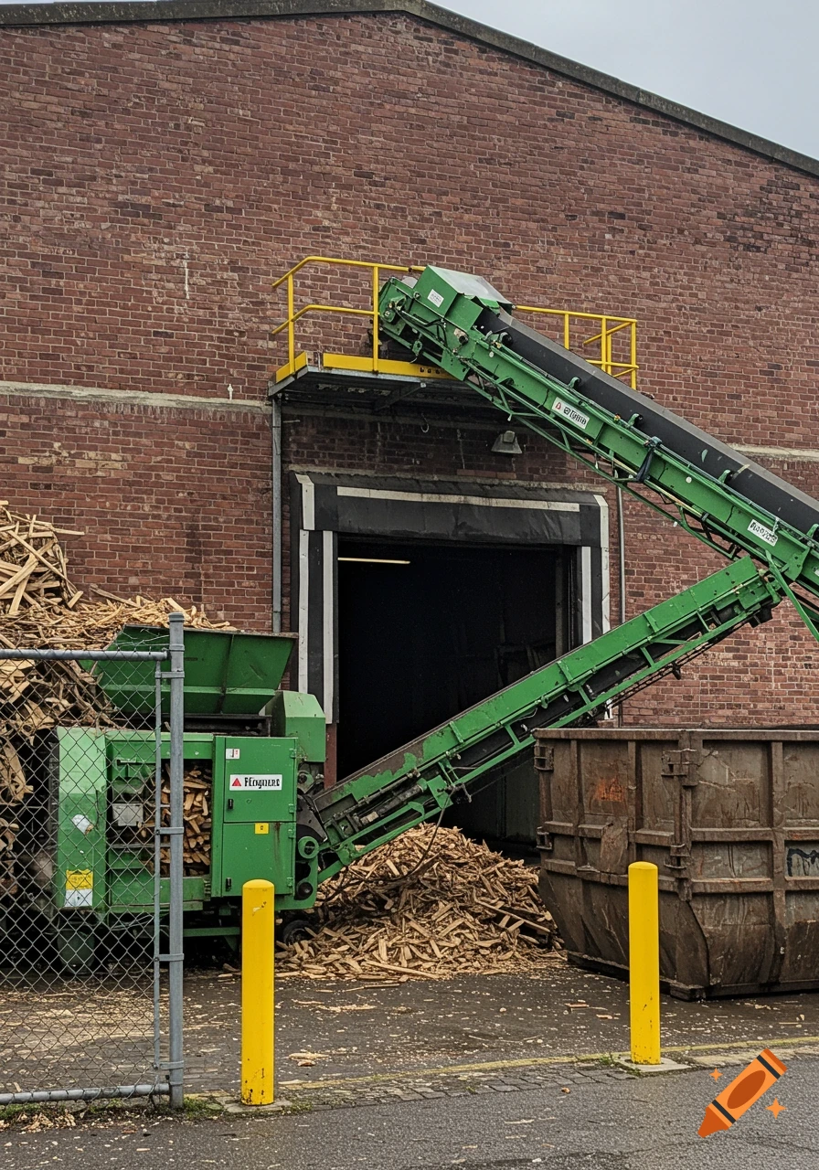 A green pallet shredder processes wood at a warehouse loading dock, with a conveyor belt leading to a waste container. Photorealistic style.