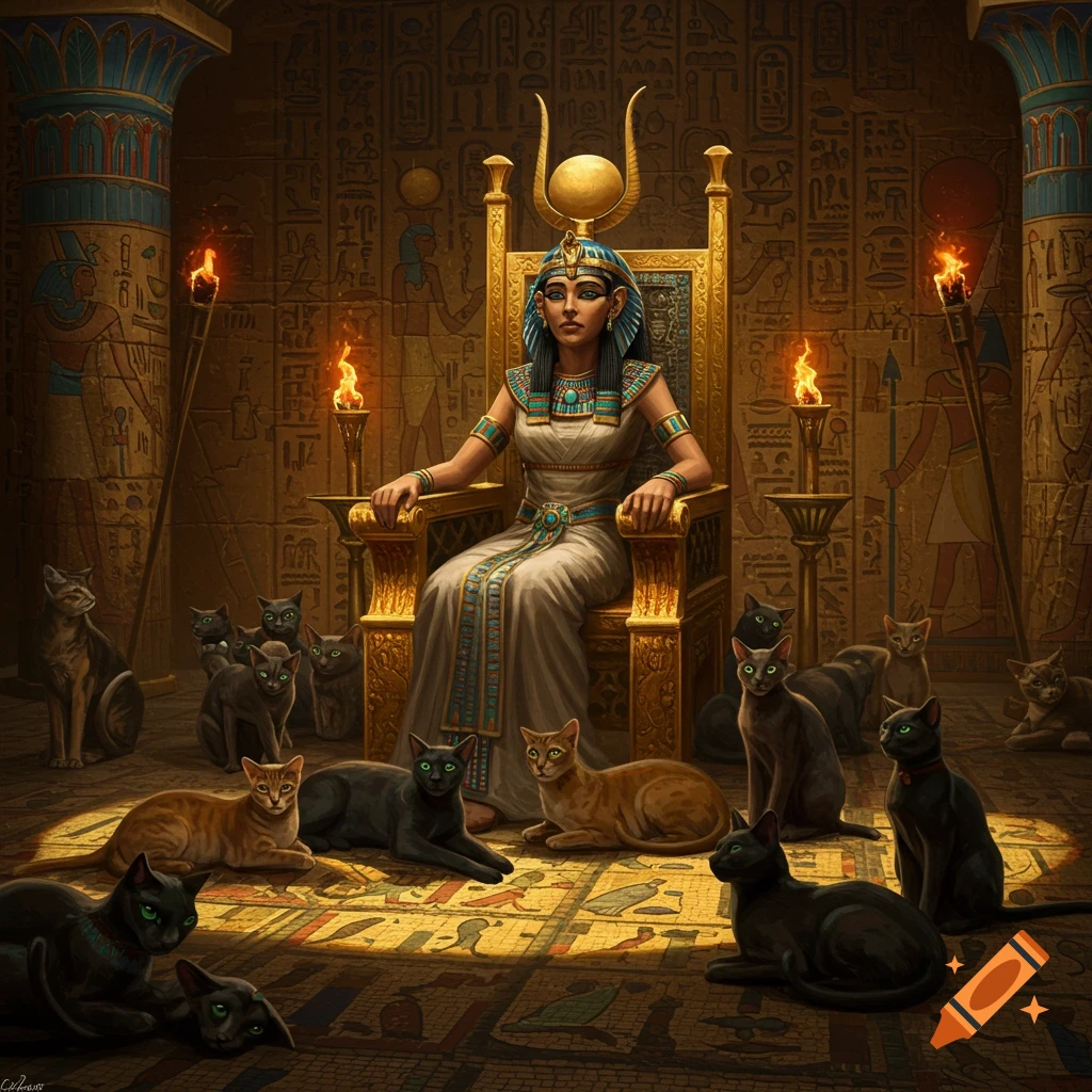 An Egyptian queen on a golden throne in a torch-lit temple, surrounded by numerous cats, with hieroglyphics covering the walls.