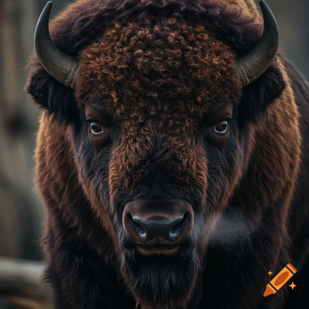 Close-up photorealistic portrait of a brown bison looking directly forward.
