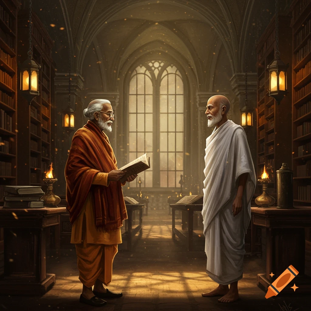 Two elderly men, one in orange robes reading a book and another in white robes, stand in a grand, candlelit library.
