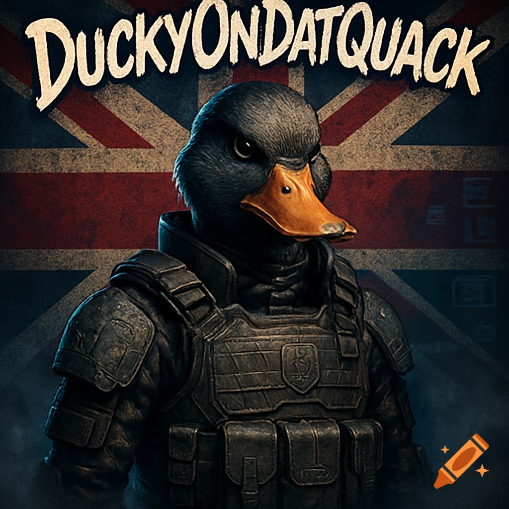 A duck character in combat armor against a distressed Union Jack flag, with "DuckyOnDatQuack" text above.