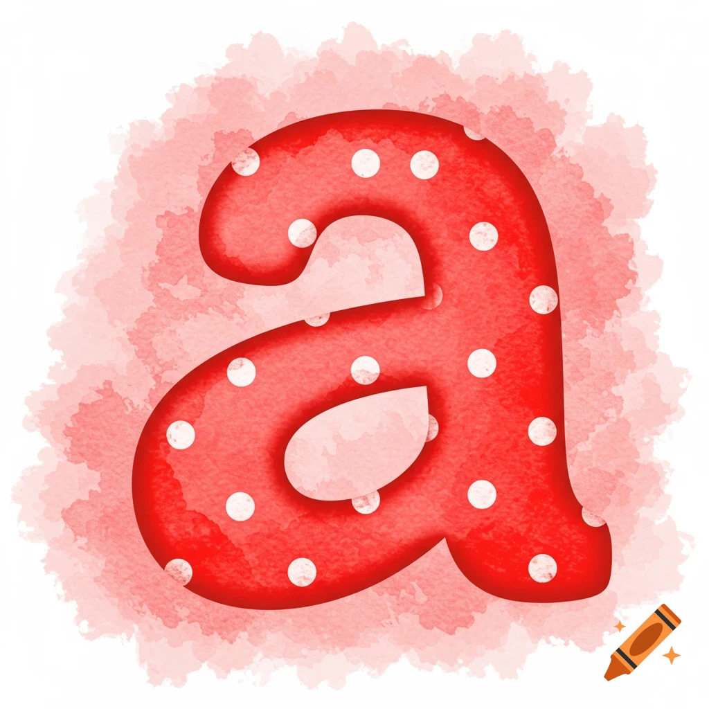A red lowercase letter 'a' with white polka dots, on a red watercolor splash background.