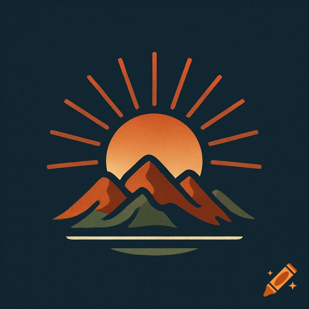A stylized logo of a warm orange sun rising over dark brown and green mountains with a light blue body of water, against a dark blue background.