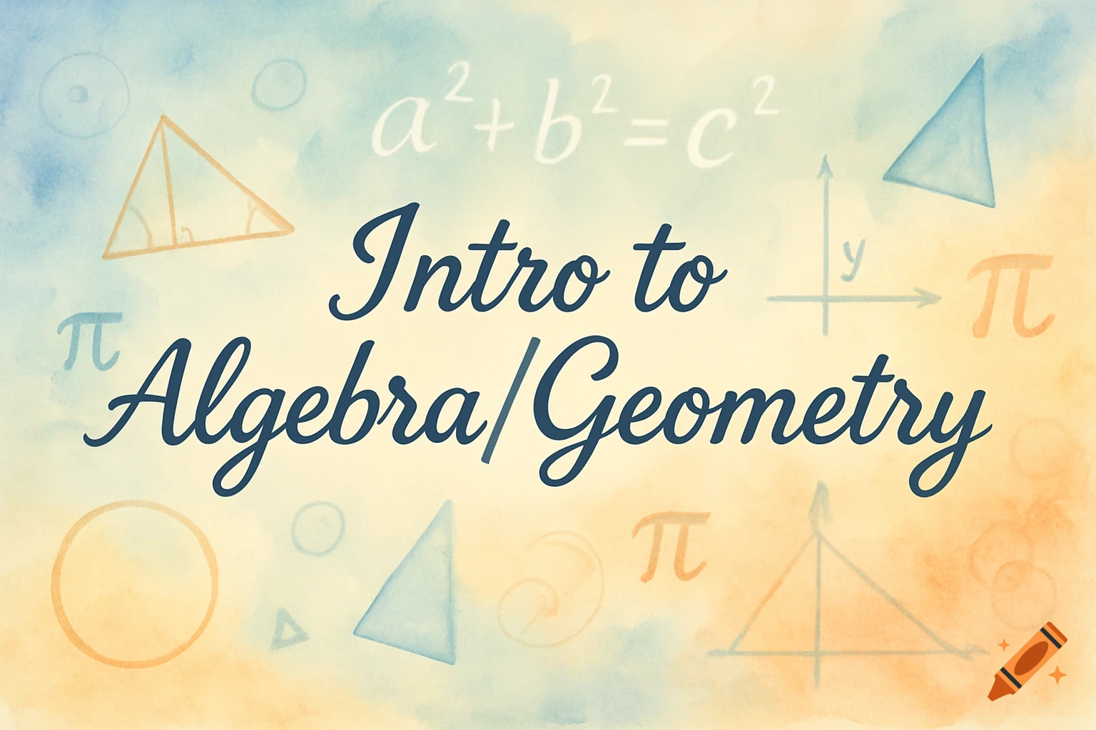 Watercolor banner with 'Intro to Algebra/Geometry' text, surrounded by math equations and geometric shapes.