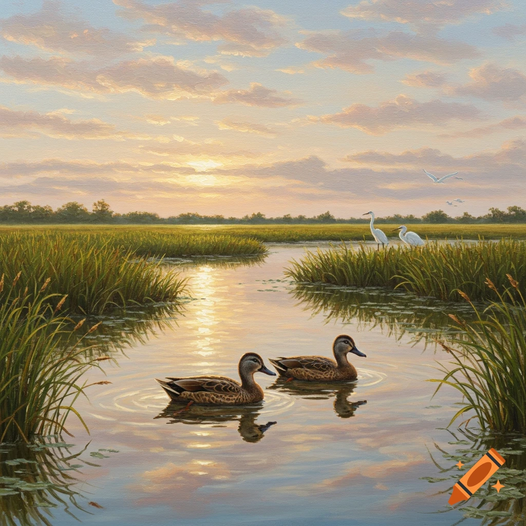 Two mottled ducks swim in a narrow channel through a grassy marsh at sunset, with egrets and flying birds in the background. Painted style.