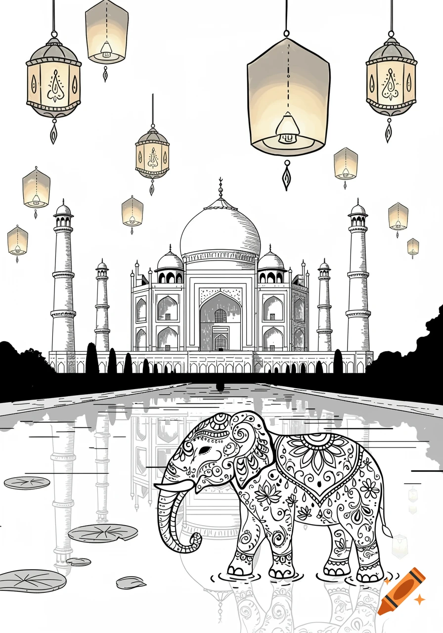 A stylized black and white illustration of the Taj Mahal reflected in a lake, with a decorated elephant and floating lanterns.