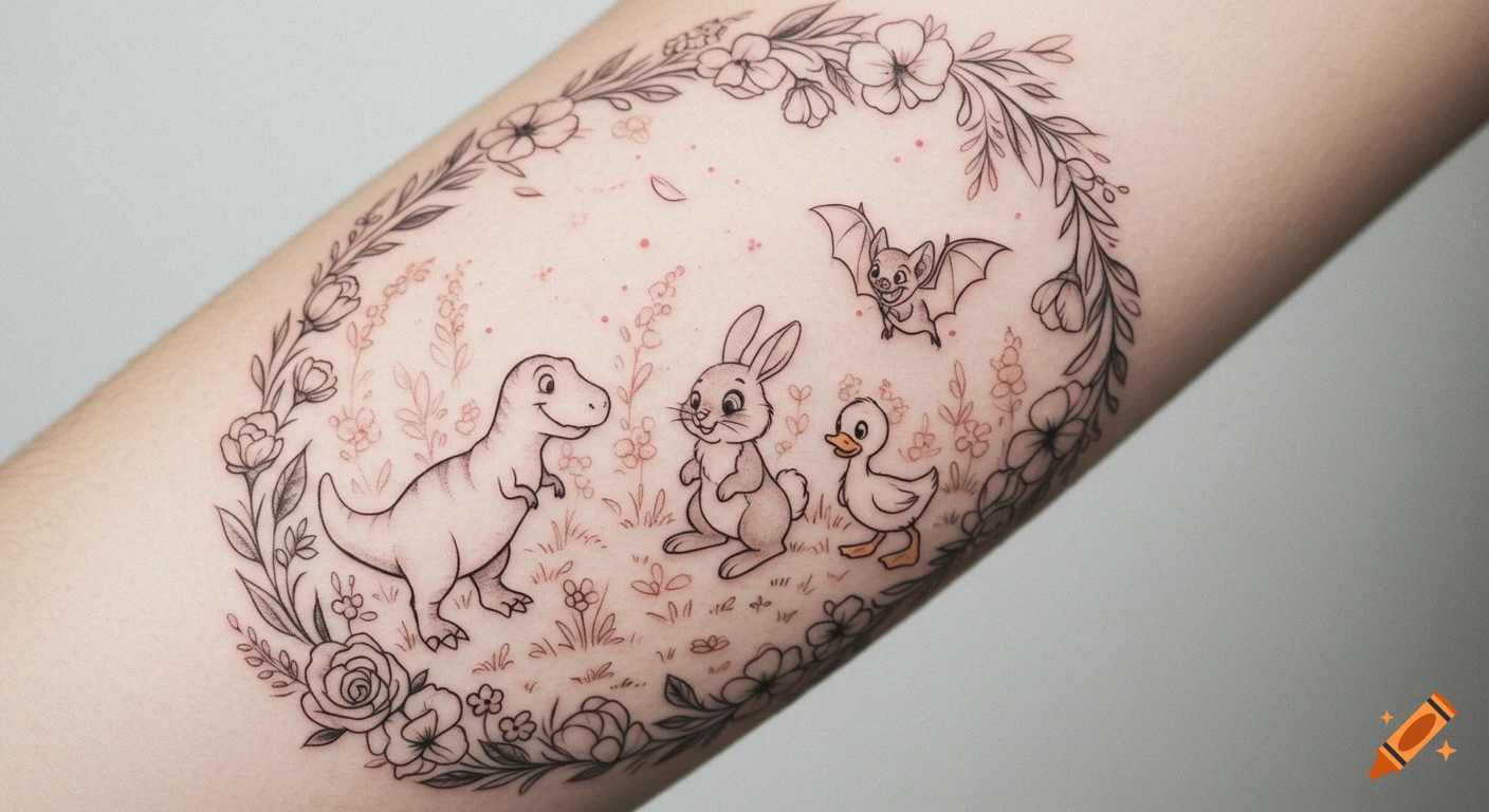A black and grey line art tattoo on an arm featuring a T-Rex, bunny, duck, and bat in a floral meadow wreath.