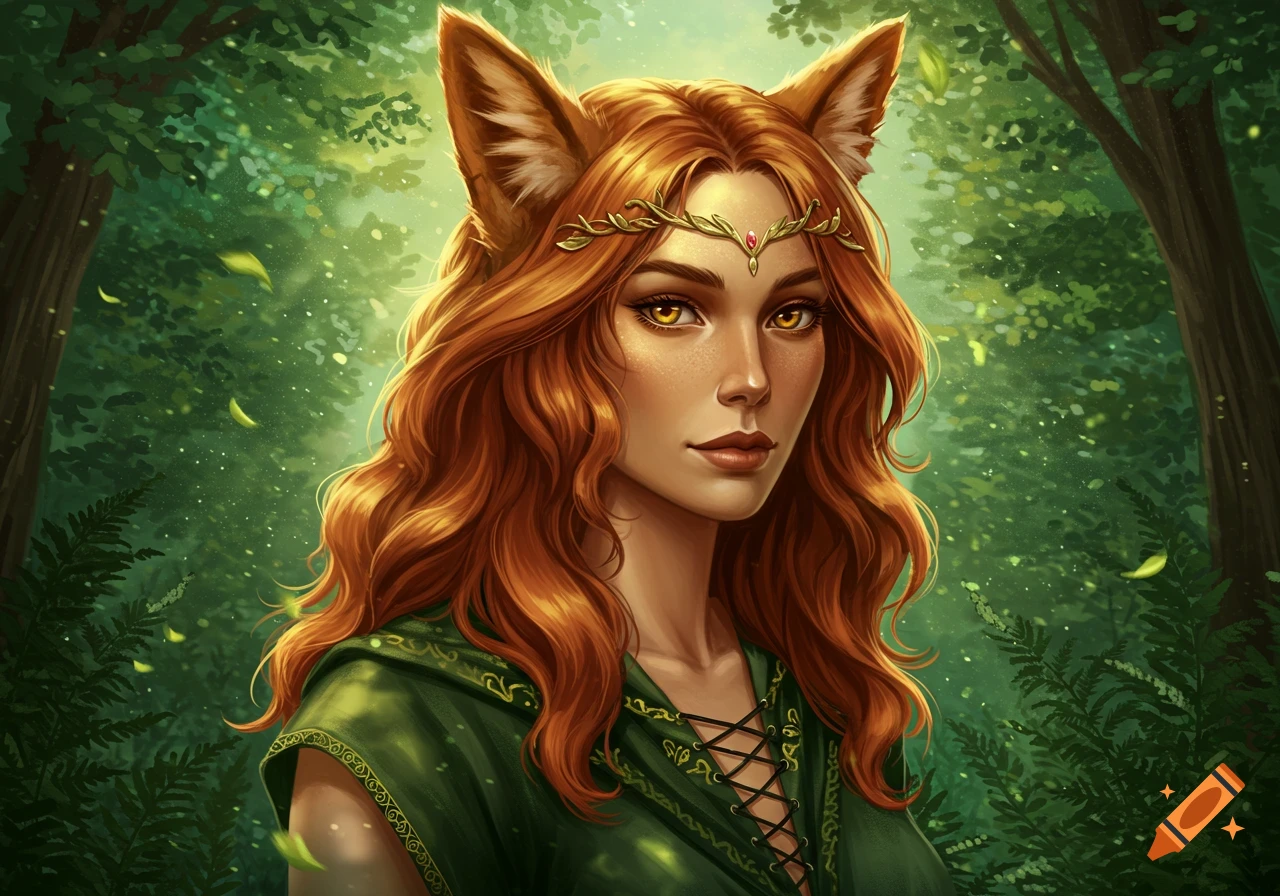 A beautiful foxkin woman with long red hair and fox ears in a green tunic, standing in a mystical forest with sunlight.