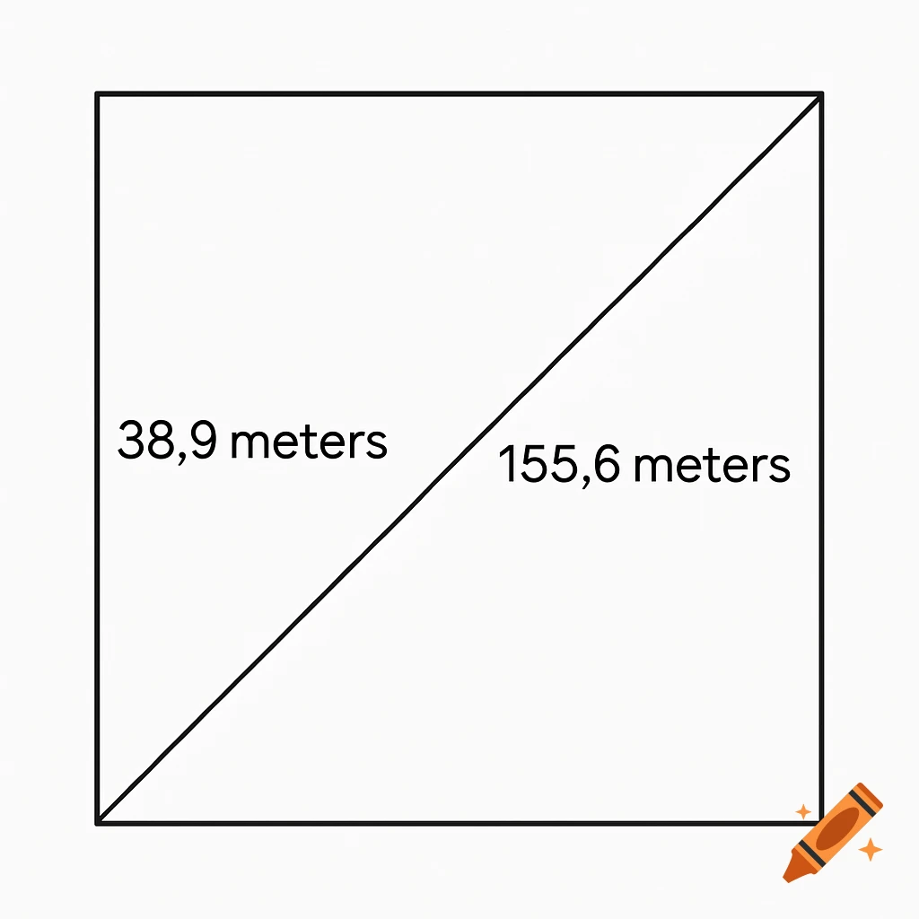 A white square with a black outline, bisected by a black diagonal line. One side is labeled "38,9 meters" and the diagonal is labeled "155,6 meters" in black text.