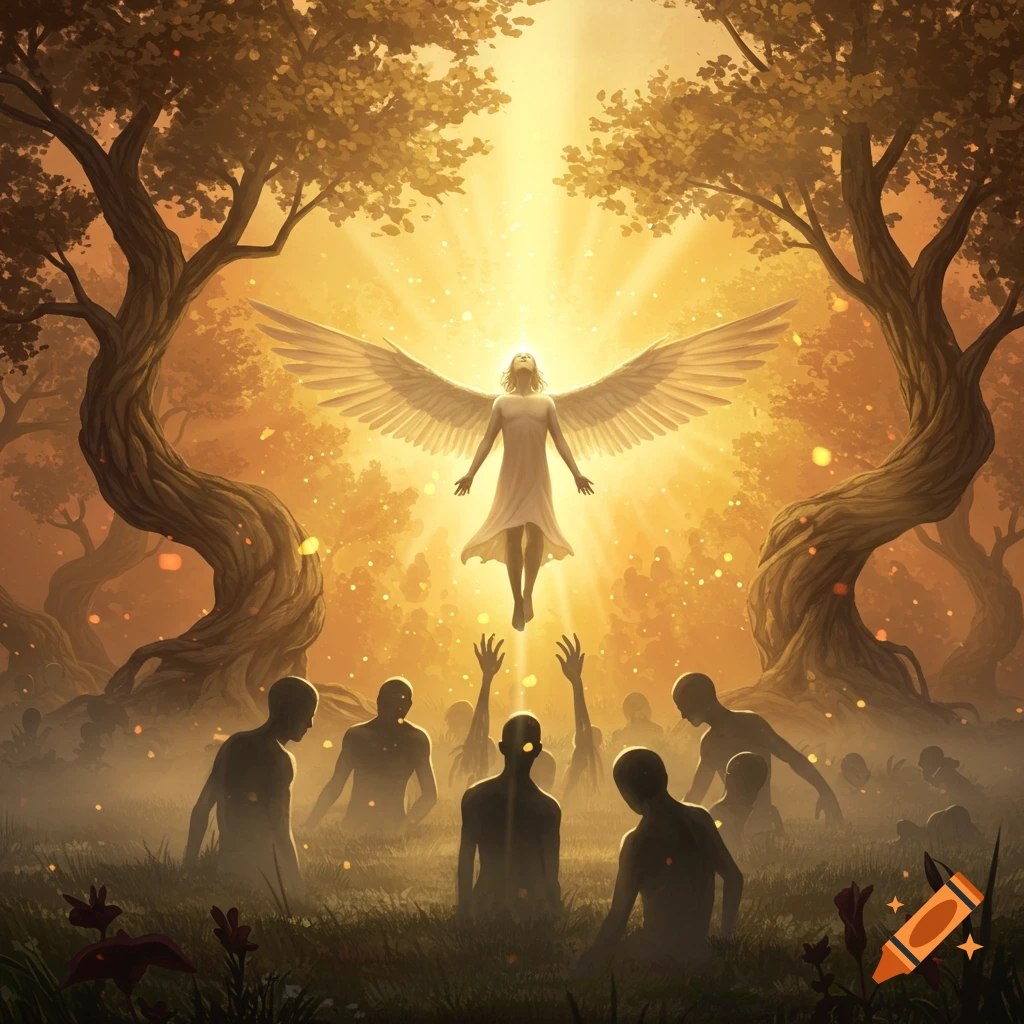 A glowing angelic figure ascends into a radiant light above silhouetted people in a misty, ethereal forest.
