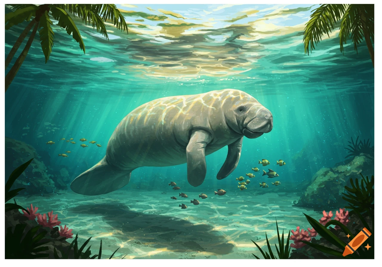 An illustration of a manatee swimming underwater with sunlight filtering from above, surrounded by small fish and marine plants.