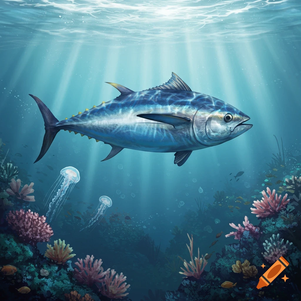 A large bluefin tuna swims in clear, sunlit ocean waters above a vibrant coral reef, with jellyfish floating nearby.