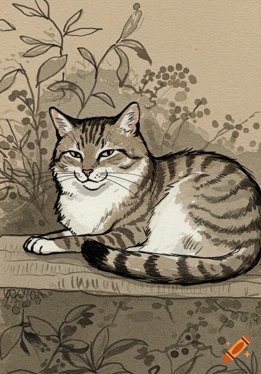 A brown and white tabby cat rests on a patterned surface, drawn in an ink and watercolor style with botanical background.