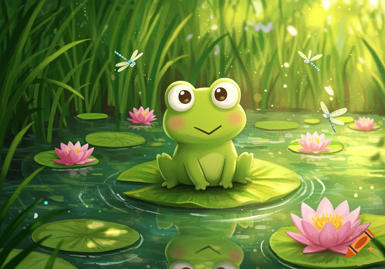 A cute green cartoon frog sitting on a lily pad in a pond with pink water lilies and dragonflies.