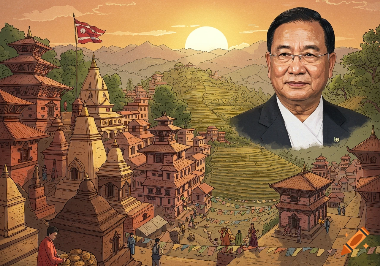 An illustrated portrait of a man, likely Mayor Harka Sampang, superimposed over a vibrant Nepalese landscape with traditional pagodas, terraced fields, and mountains at sunset.