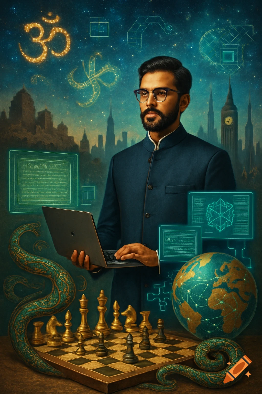A man in a blue coat and glasses holds a laptop, surrounded by glowing screens, a chessboard with a serpent, a globe, and symbols like Om and Swastika, set against a starry sky with city skylines.