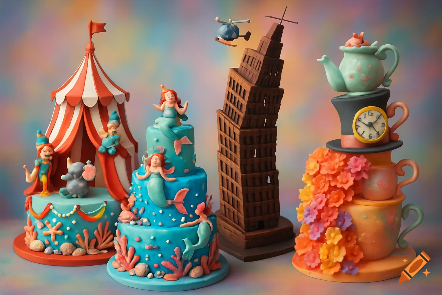 Four whimsical, elaborately decorated cakes. One is a red and white circus tent, another features mermaids underwater. A third is a leaning brown tower, and the last is a stack of teacups with flowers and a top hat with a clock.