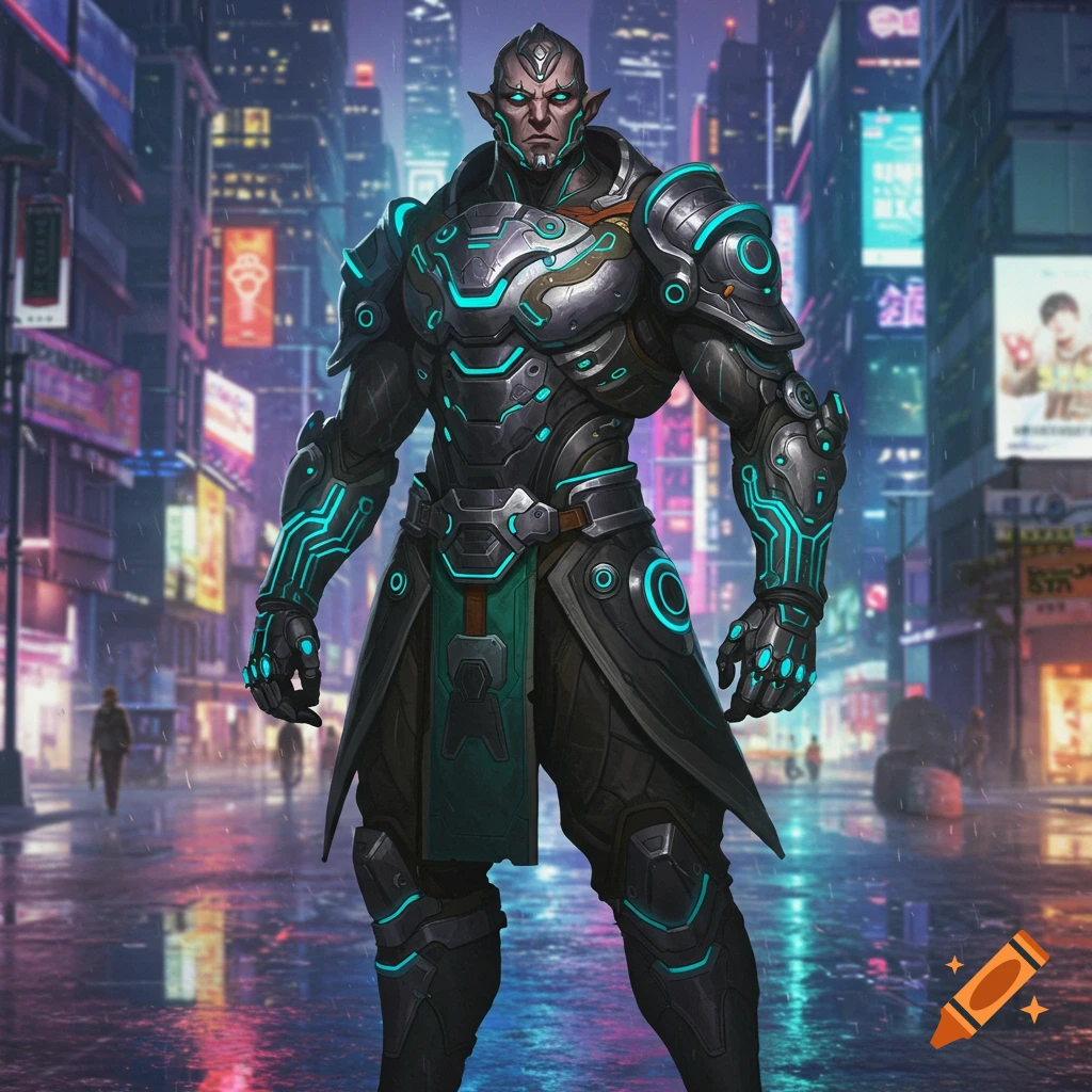 A muscular, armored character with glowing blue lights stands in a rainy, neon-lit cyberpunk city at night.
