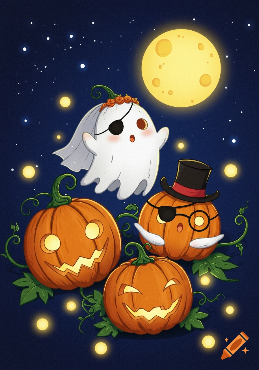 A whimsical cartoon illustration of a ghost in a bridal veil and eyepatch floating above three carved pumpkins under a full moon and starry night sky.
