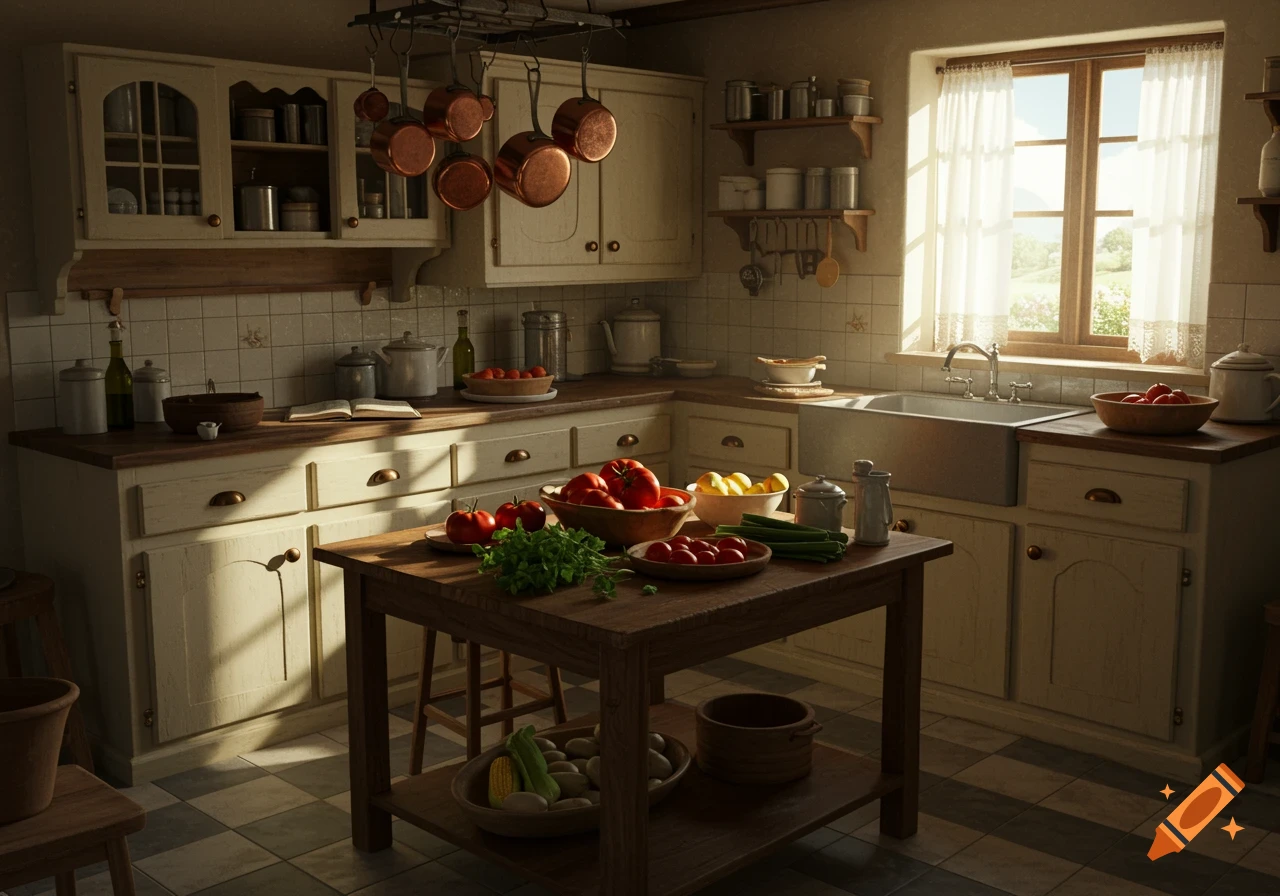 A sunlit, rustic kitchen with white cabinets, hanging copper pots, and a wooden table laden with fresh vegetables including tomatoes and greens.