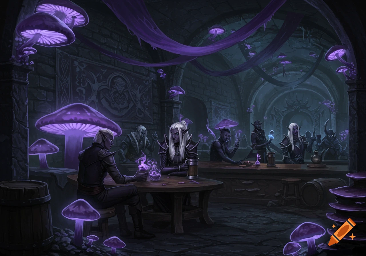Dark elves drink in a dimly lit stone tavern adorned with large, glowing purple mushrooms.
