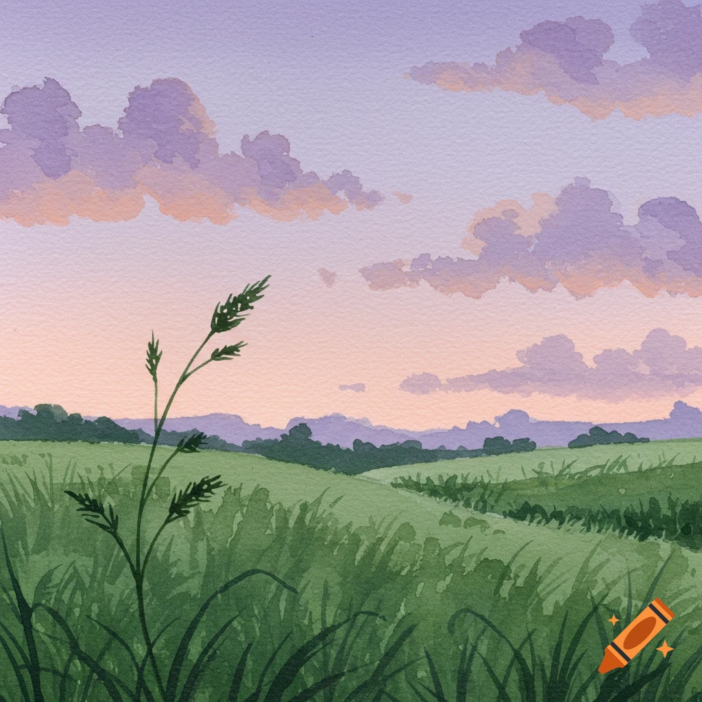 Watercolor painting of a green grassy field under a purple and orange sky with soft clouds.