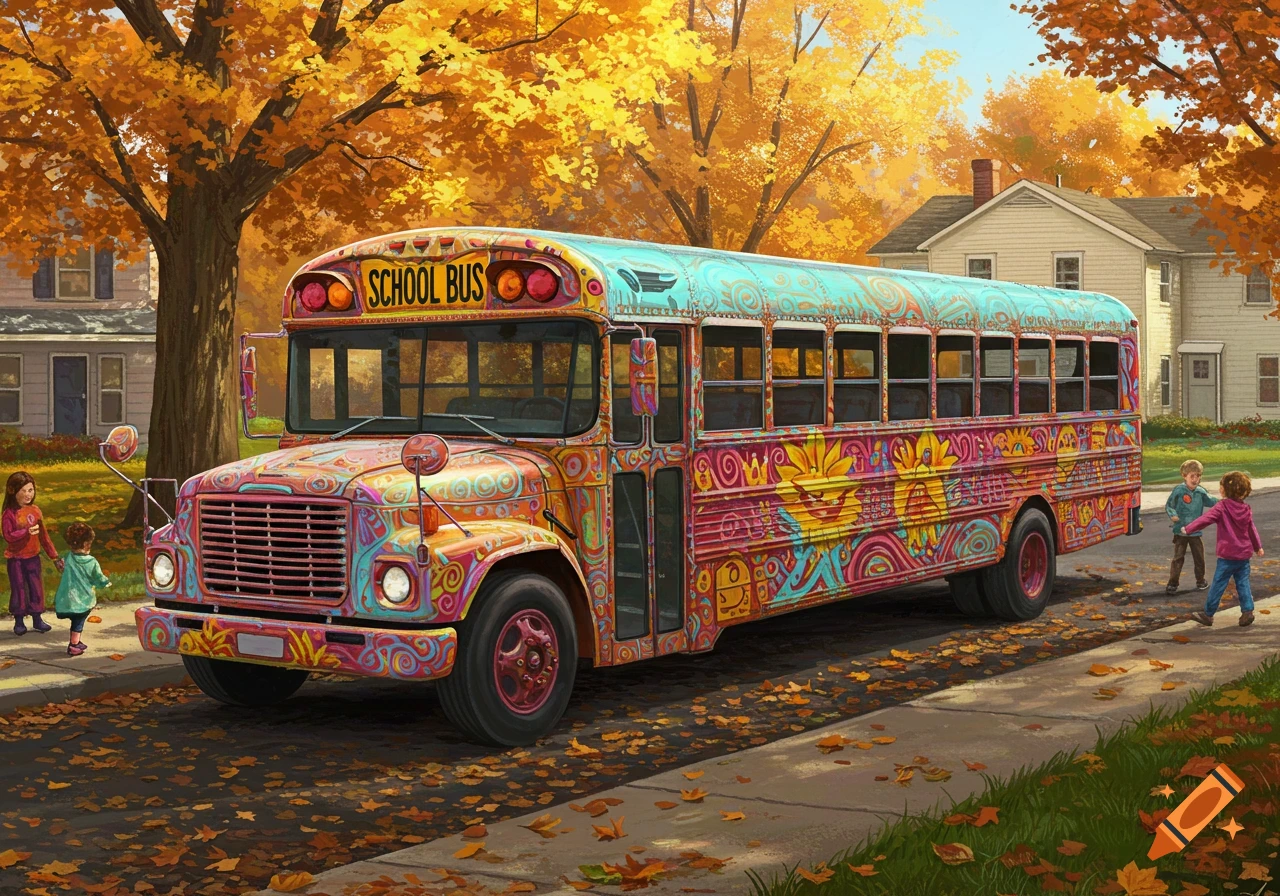 A colorful, psychedelic school bus is parked on a leaf-strewn street in autumn, with children playing nearby.