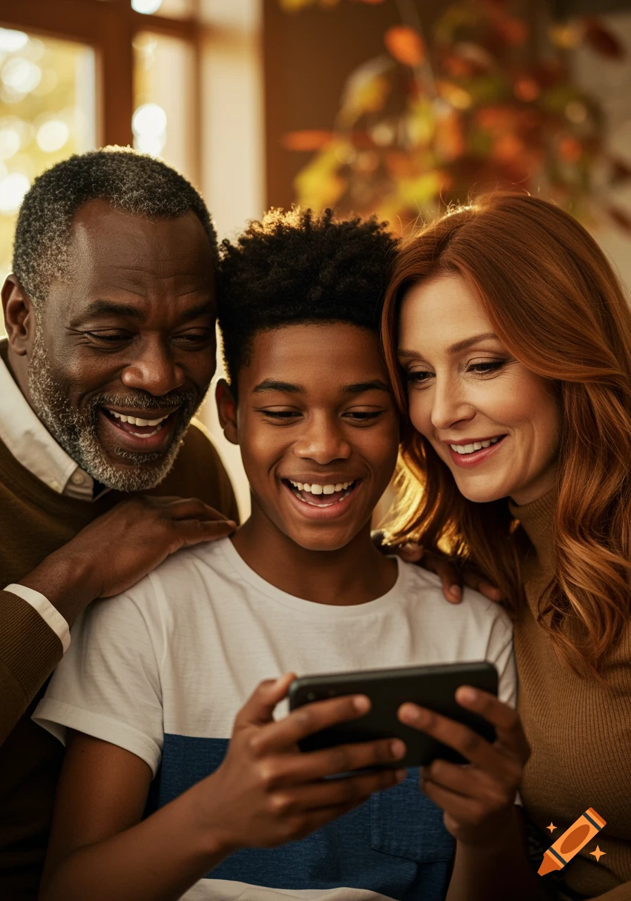 A smiling multiracial family, with a man and woman embracing a boy, looking at a smartphone he holds.