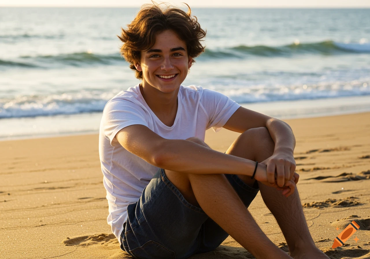 A young man with dark, fluffy hair sits smiling on a sandy beach by the ocean at sunset.
