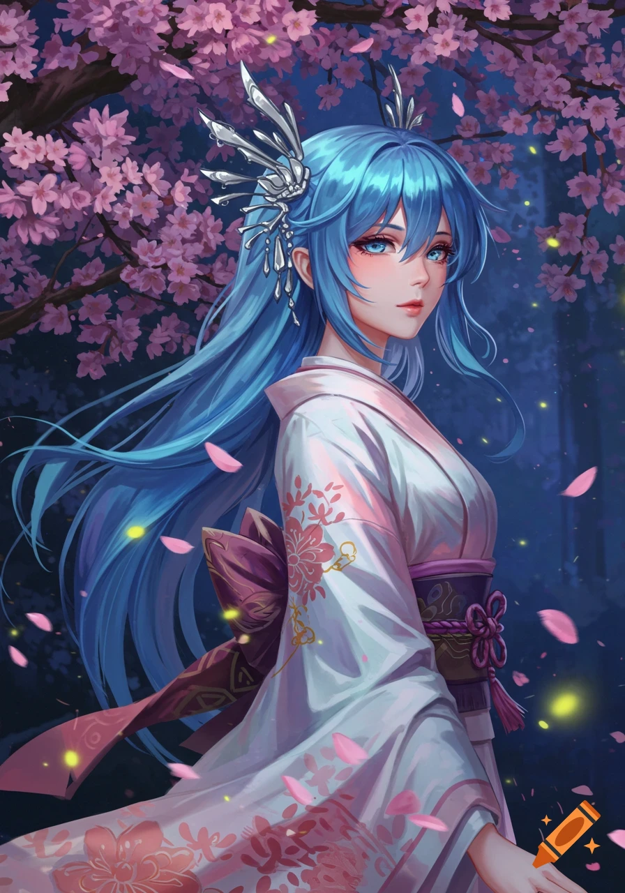 An anime woman with blue hair and silver headpiece wears a white and pink floral kimono under cherry blossoms at night.