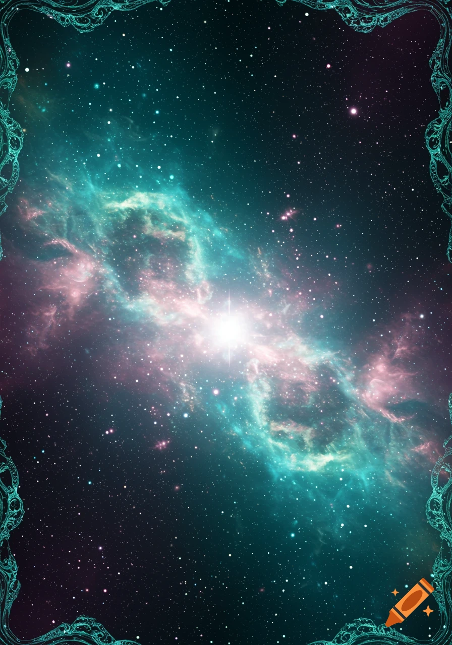 A vibrant teal and pink nebula in a star-filled galaxy, framed by an intricate teal border.