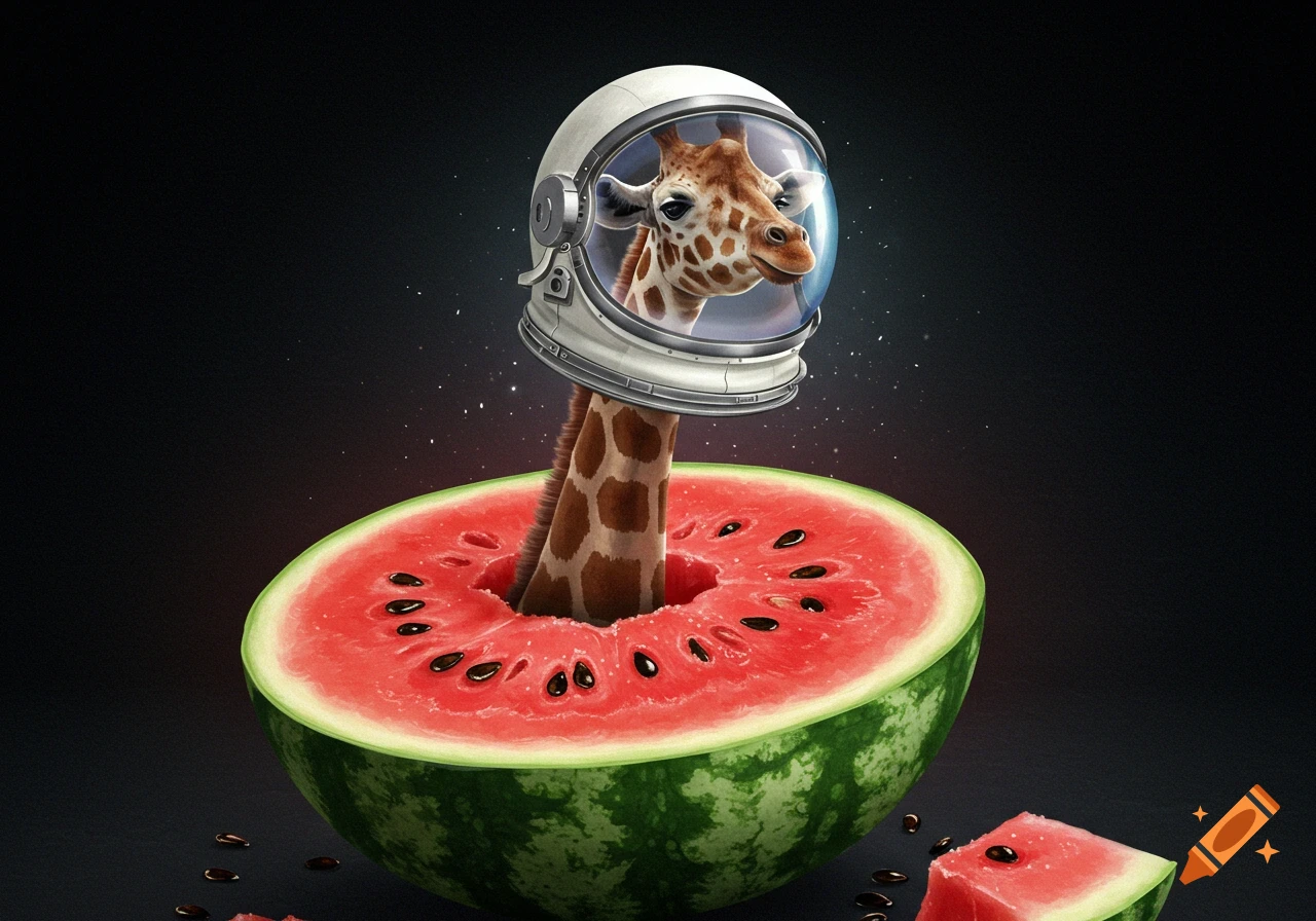 A giraffe with an astronaut helmet emerges from a sliced watermelon. The background is dark with faint stars. Photorealistic style.