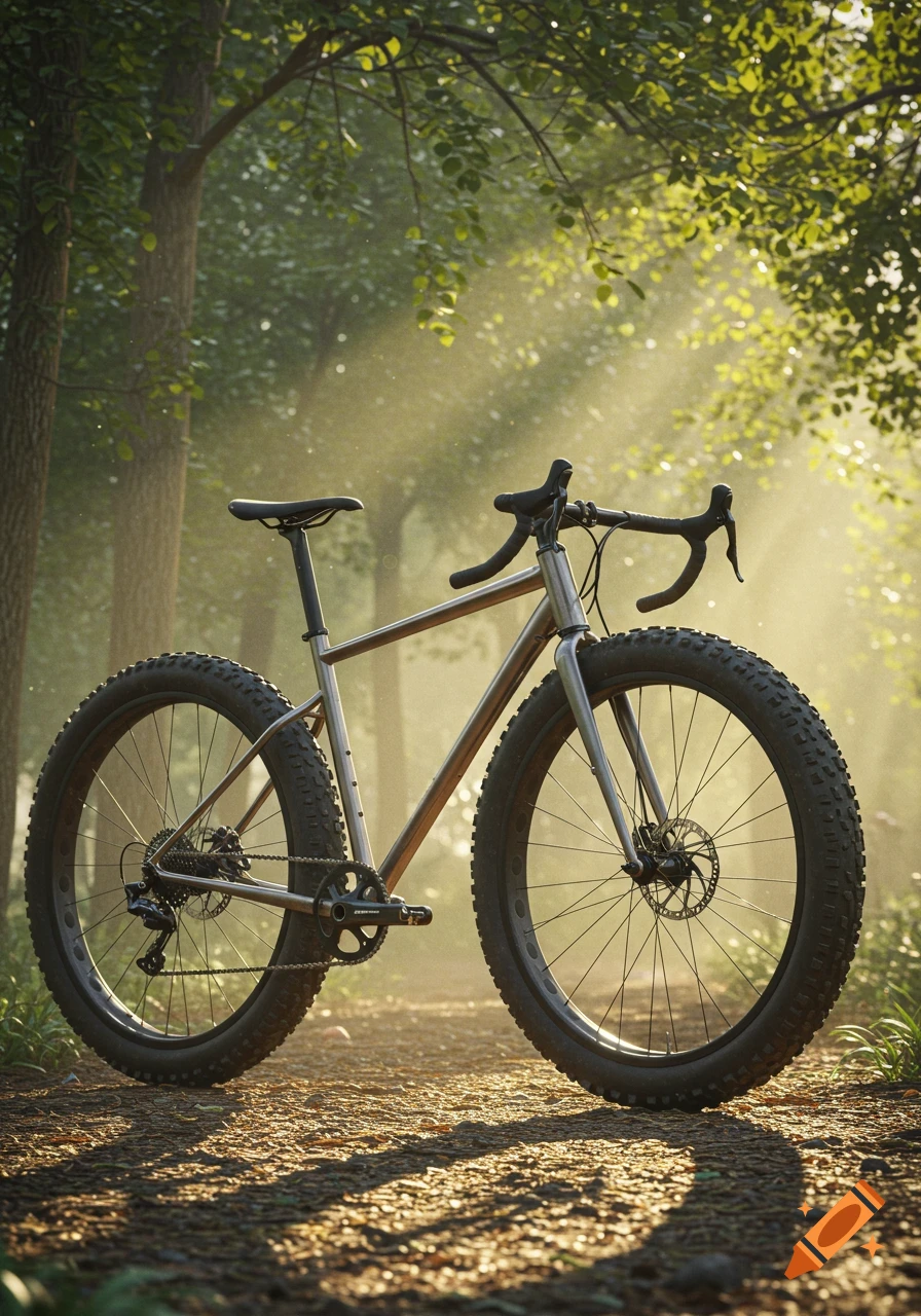 A grey gravel bike with very wide tires is parked on a dirt path in a sun-dappled forest.
