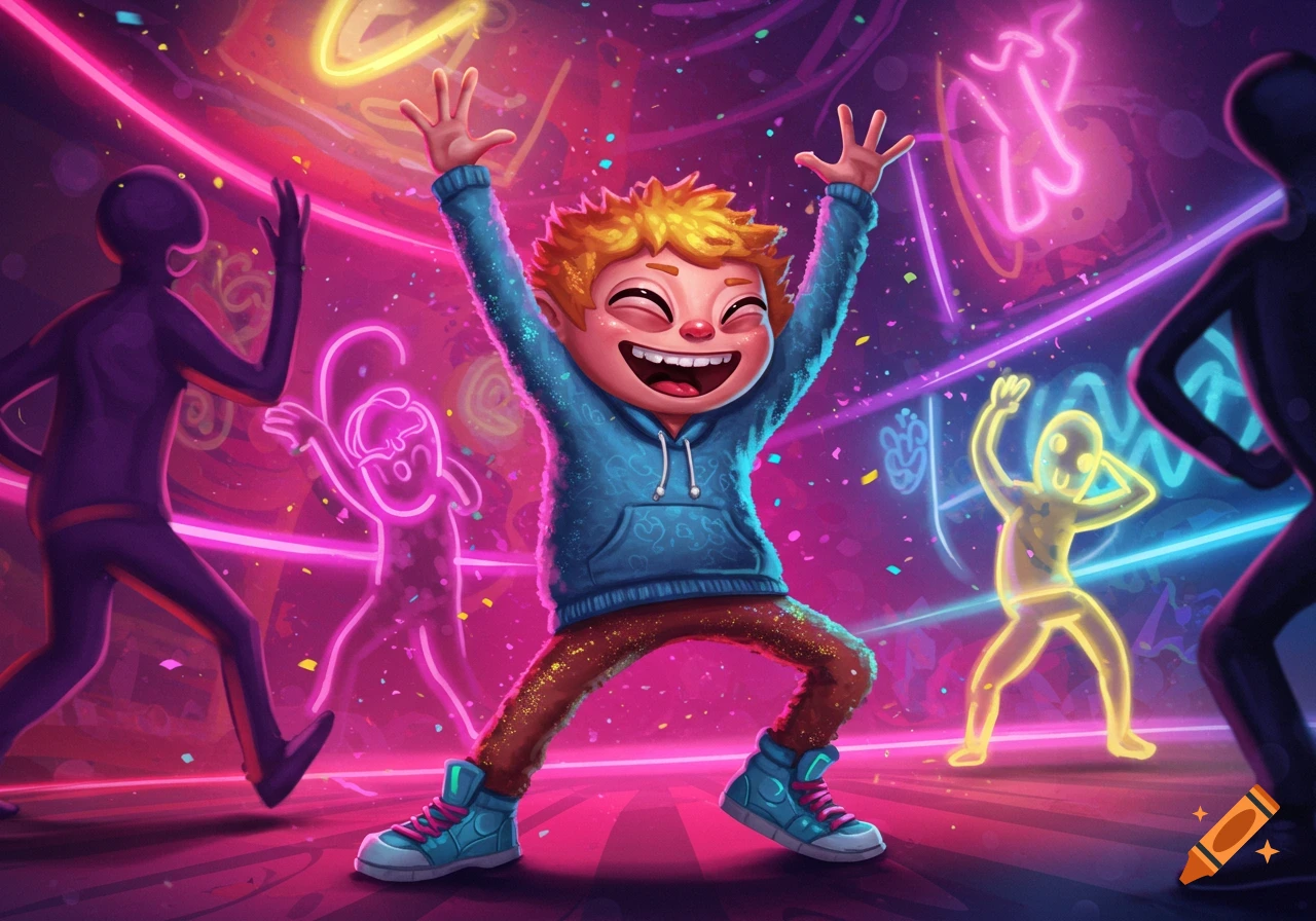 A happy cartoon boy dances with arms raised amidst neon lights and confetti at a vibrant party.