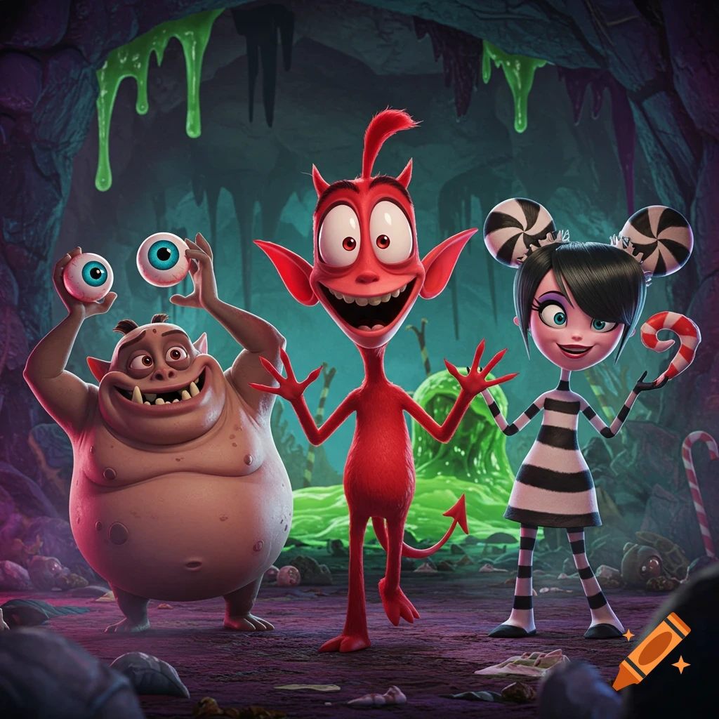 Three cartoon monsters, including a red demon, a beige creature holding eyeballs, and a black-and-white striped monster, stand in a slimy cave.