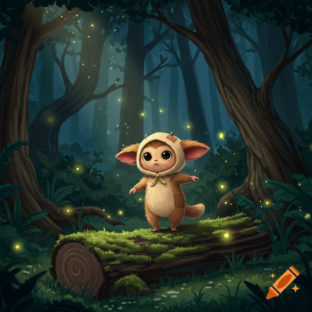 A cute, furry creature in a patched hood stands on a mossy log in a dark, whimsical forest filled with glowing fireflies. Illustrated style.